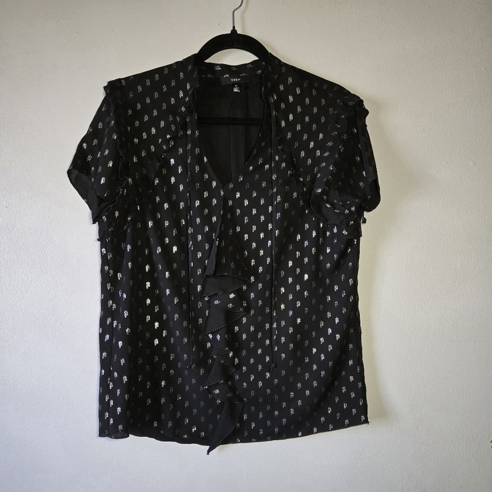 Drew Black Ruffle Front Blouse Metallic Dot Print Short Sleeve Size Medium